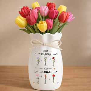 First Mom Now Grandma Custom Birth Month Flower - Personalized Flower Vase With Ribbon - Gift For Mom, Grandma, Mother's Day Gift