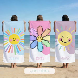 Personalized Brilliant Sun Beach Towel, Custom Name Pool Towel for Girls, Bithday Party Gift For Kids, Tropical Vacation Gift, Beach Lover's Gift
