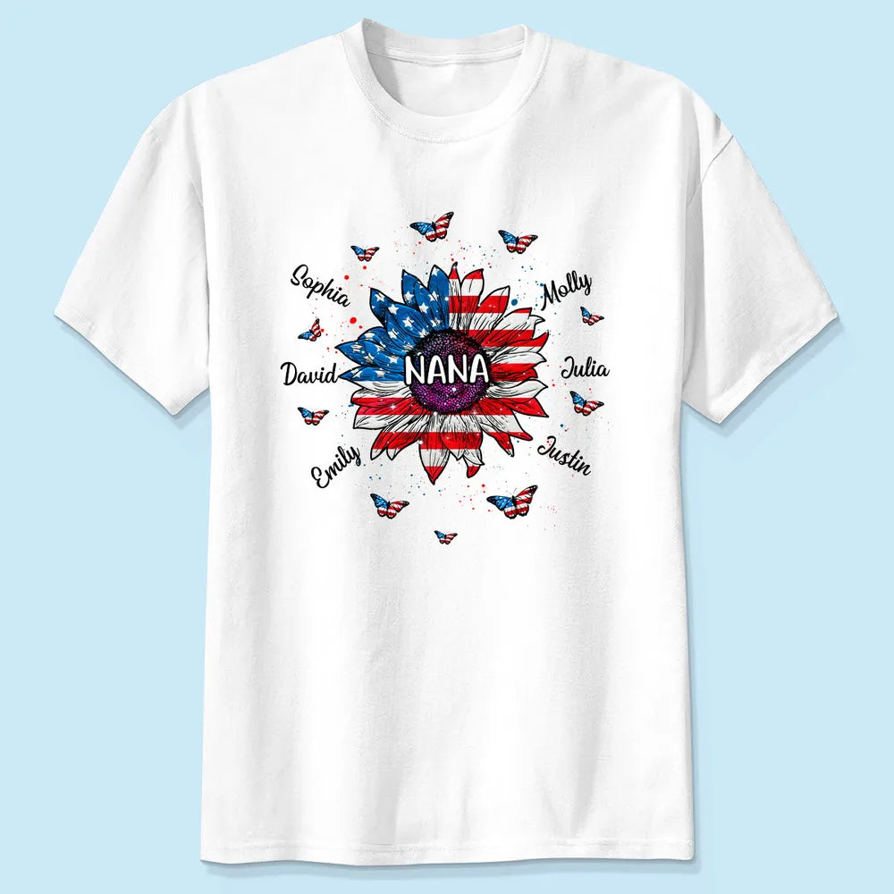 Grandma With Grandkids Names Nation Flag Sunflower - Personalized Apparel - 4th Of July Gift For Grandma Mom