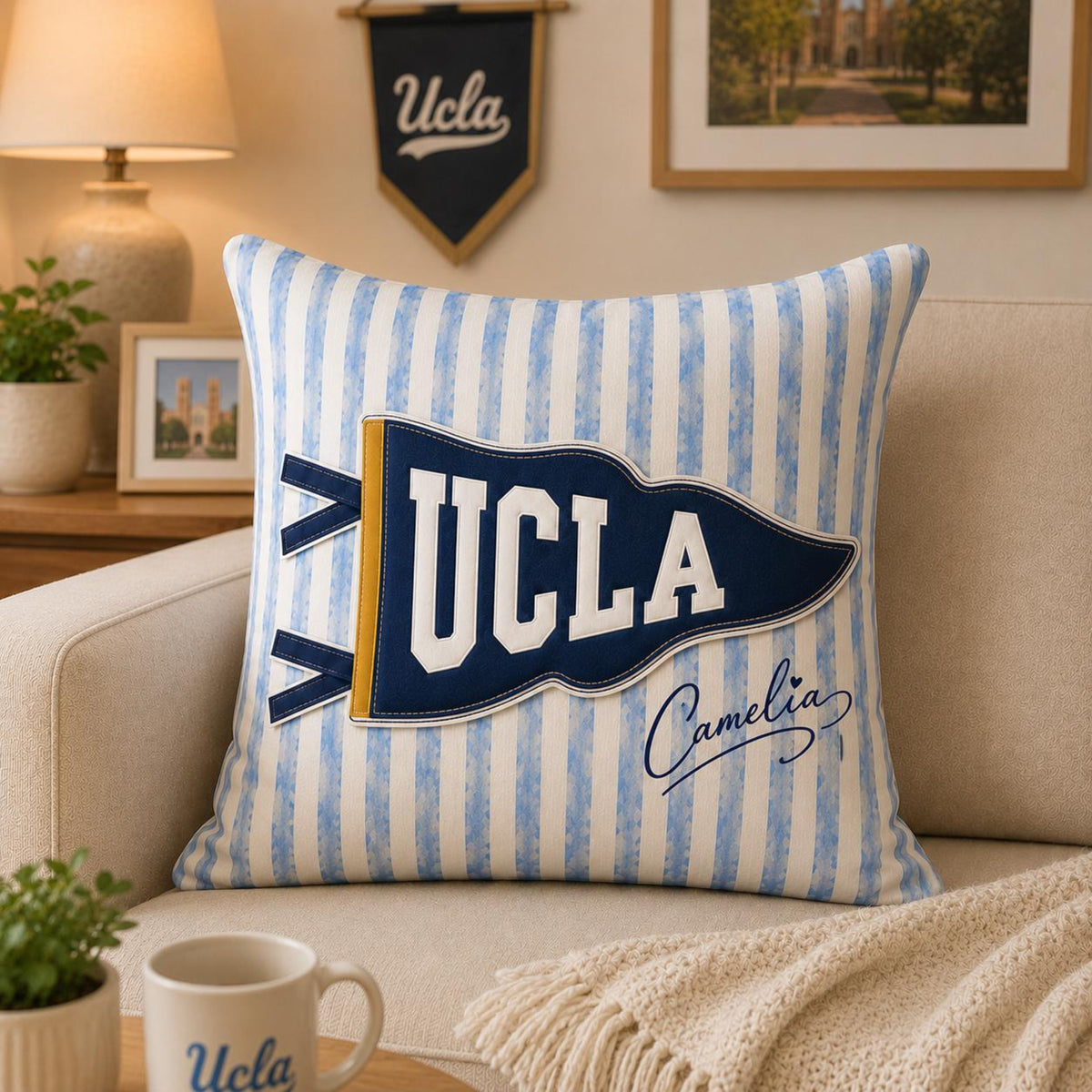 Custom School Pennant Flag Pillow, University Spirit Striped Pillow, Class of 2026, College Graduation Gift, Senior Night Student Gift