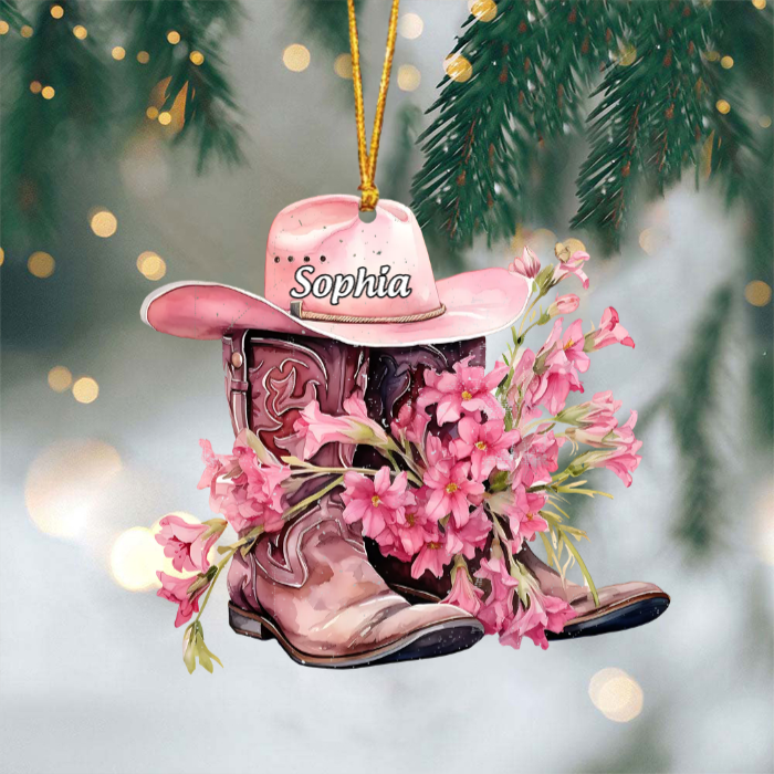 Personalized Boots And Hat Flower Cowboy Christmas Acrylic Ornament