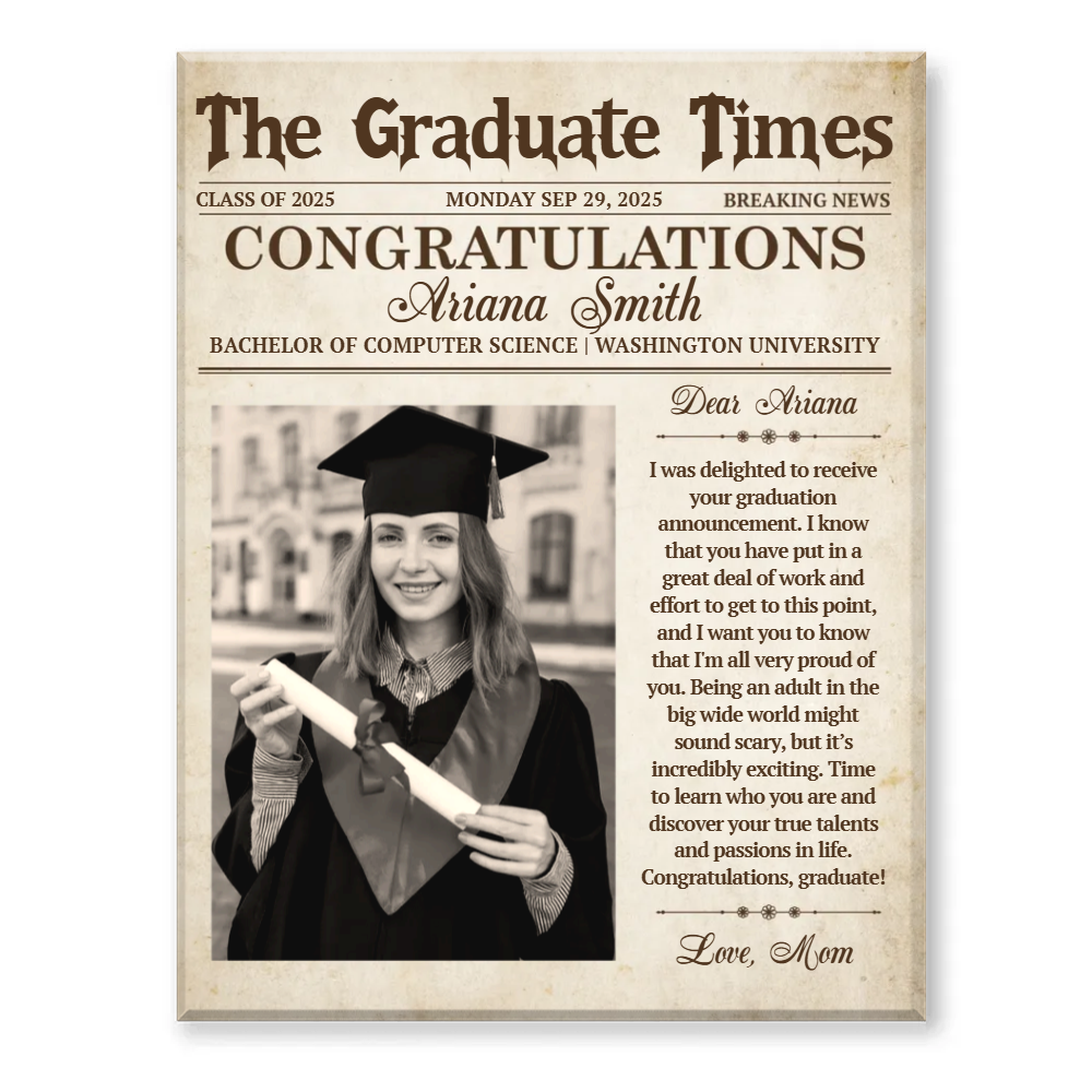 Happy Graduation Class of 2025 Canvas, Newspaper Photo Canvas Print, Personalized Graduation Canvas Wall Art, Custom Graduation Newspaper Gift