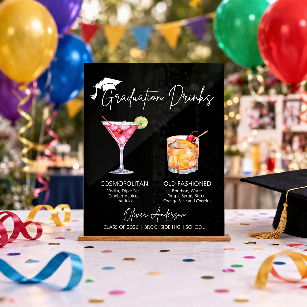 Personalized Graduation Drink Menu Sign, Custom Graduation Bar Menu Acrylic Sign, Class of 2026 Grad Party Decor, Graduation Cocktail Menu