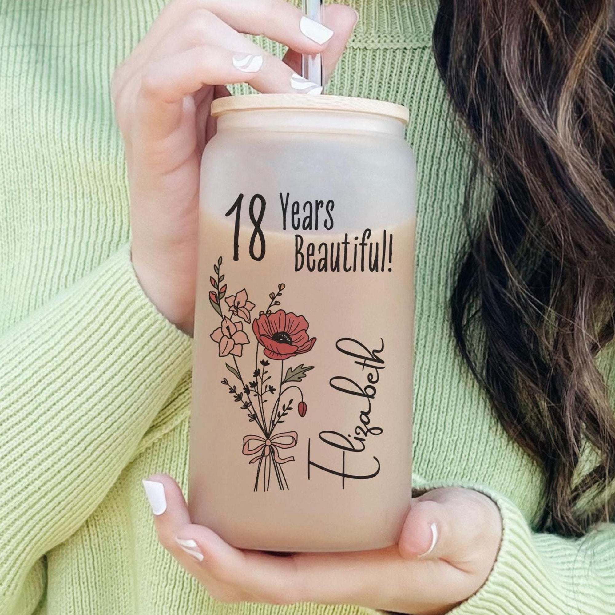 18th Birthday Glass Tumbler, Turning 18 Gift With Birthflower Glass Tumbler, 18 Year Old Gift Iced Coffee Cup, Eighteenth Birthday Glass With Flower