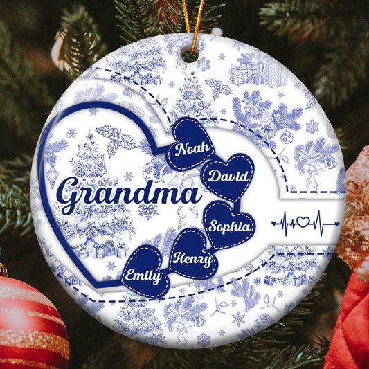 Grandma With Hearts Grandkids' Names Toile De Jouy Style - Personalized Ornament - Gift For Mom Grandma