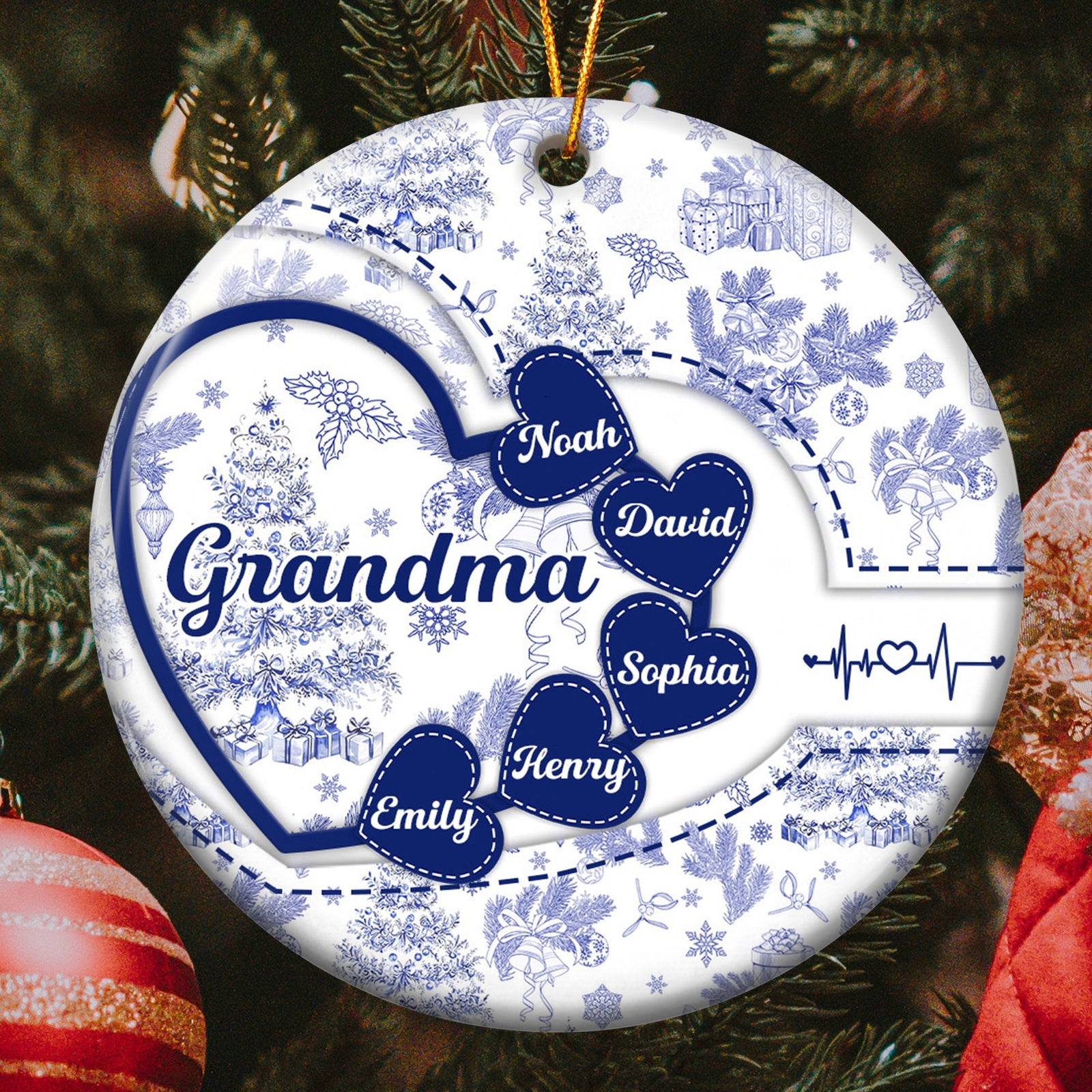 Grandma With Hearts Grandkids' Names Toile De Jouy Style - Personalized Ornament - Gift For Mom Grandma