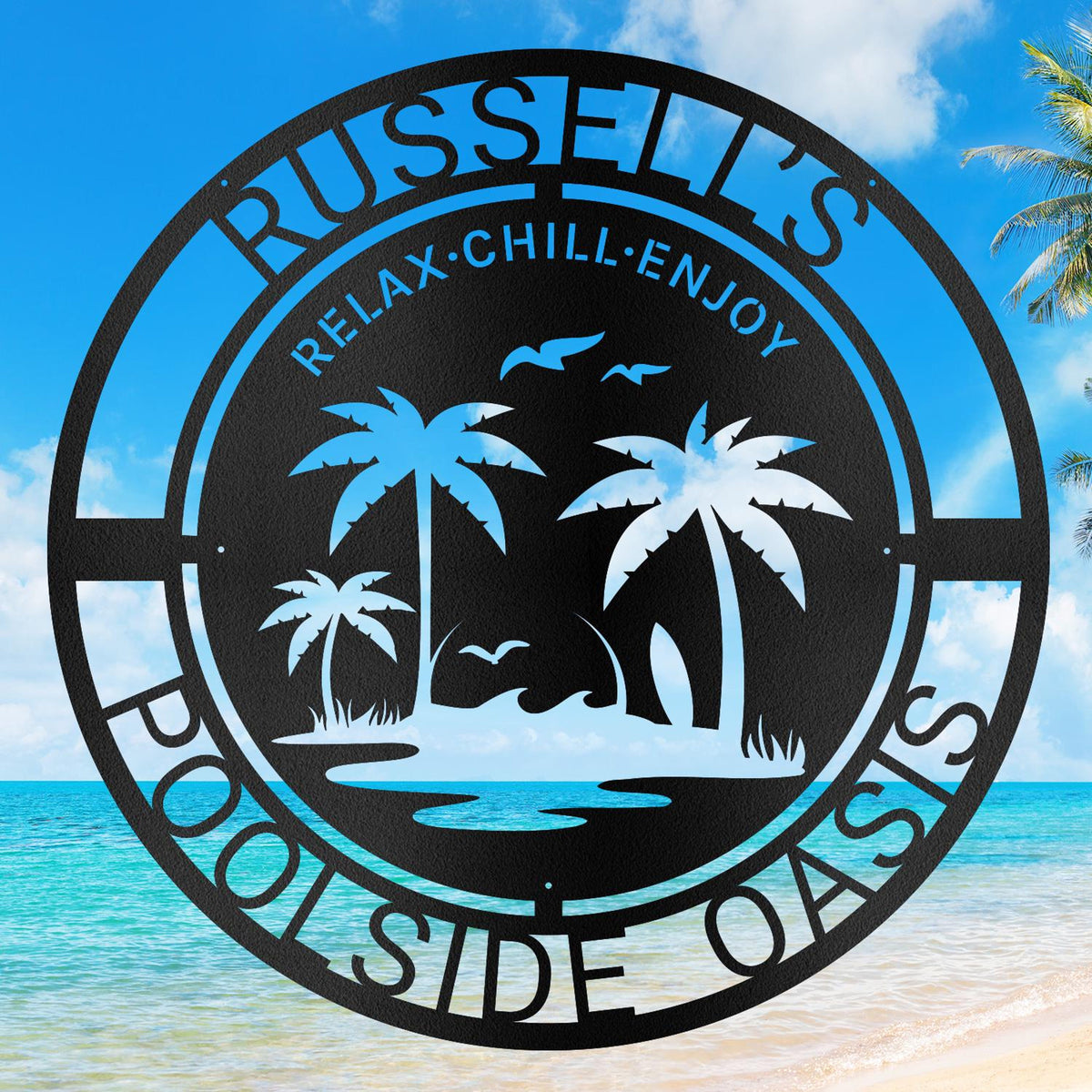 Custom Beach House Name Metal Sign, Personalized Palm Tree Metal Decor, Sunset Palm Trees, Wall Art, Metal Name Sign, Gift for Her