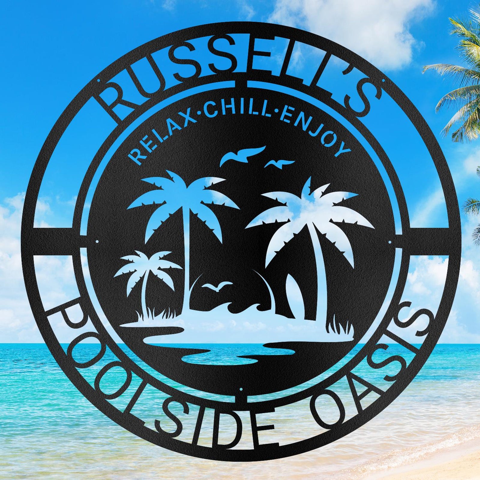 Custom Beach House Name Metal Sign, Personalized Palm Tree Metal Decor, Sunset Palm Trees, Wall Art, Metal Name Sign, Gift for Her