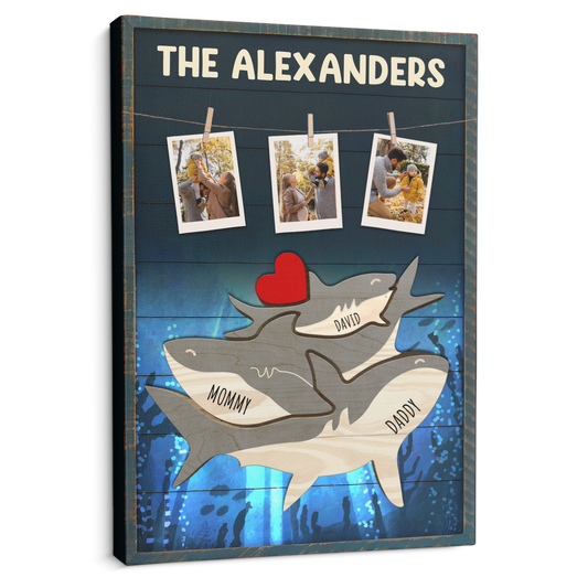 Shark Family Puzzle Style, Custom Family Name - Personalized Canvas - Gift For Dad, Father's Day, Birthday Gift