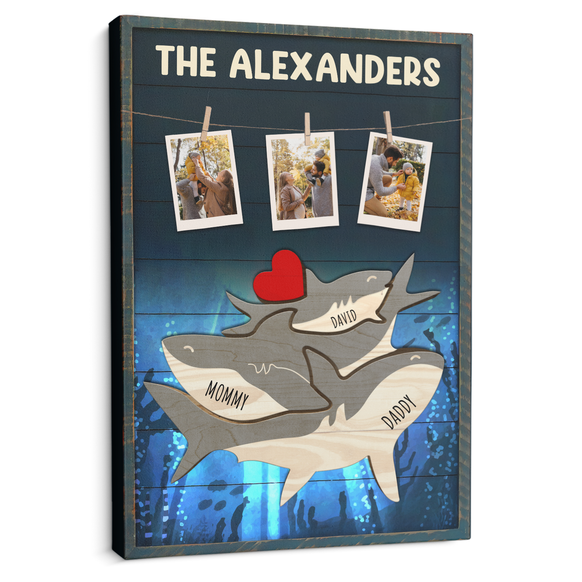 Shark Family Puzzle Style, Custom Family Name - Personalized Canvas - Gift For Dad, Father's Day, Birthday Gift
