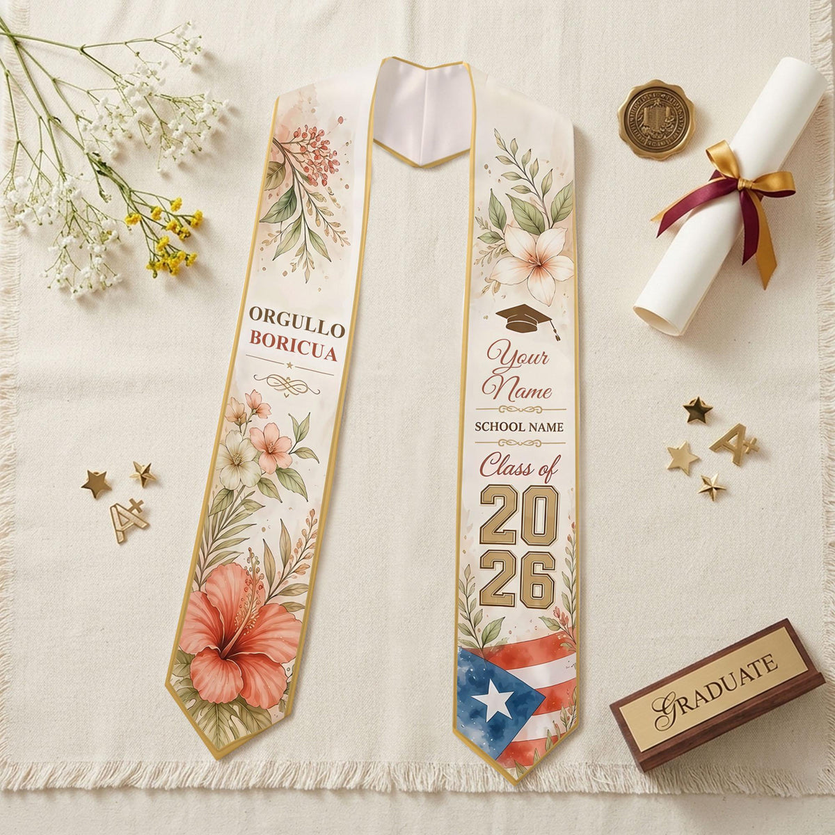 Personalized Puerto Rico Graduation Stole Class of 2026, Orgullo Boricua Grad Sash, Custom Name Hispanic Graduation Stole