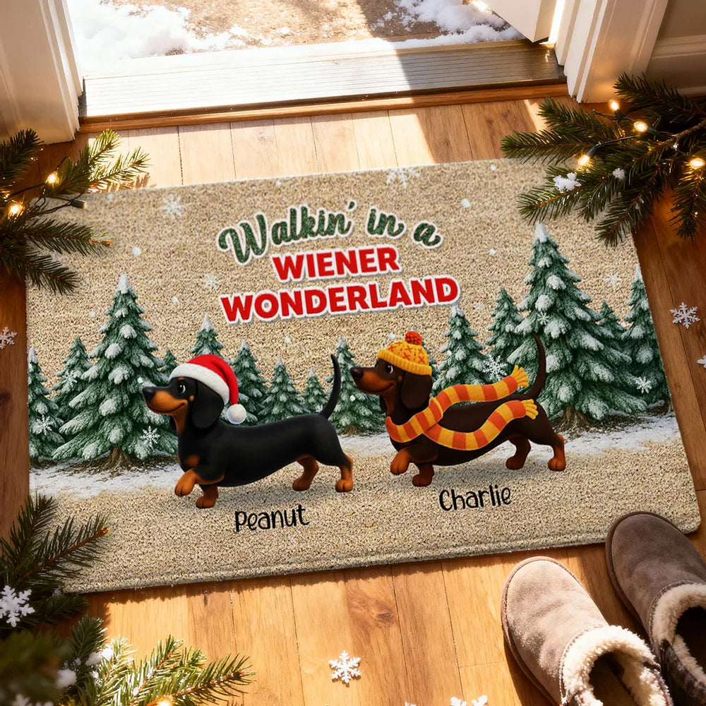 Dachshunds Walking In A Wiener Wonderland - Personalized Doormat - Unique Christmas Gift For Dachshunds Lovers