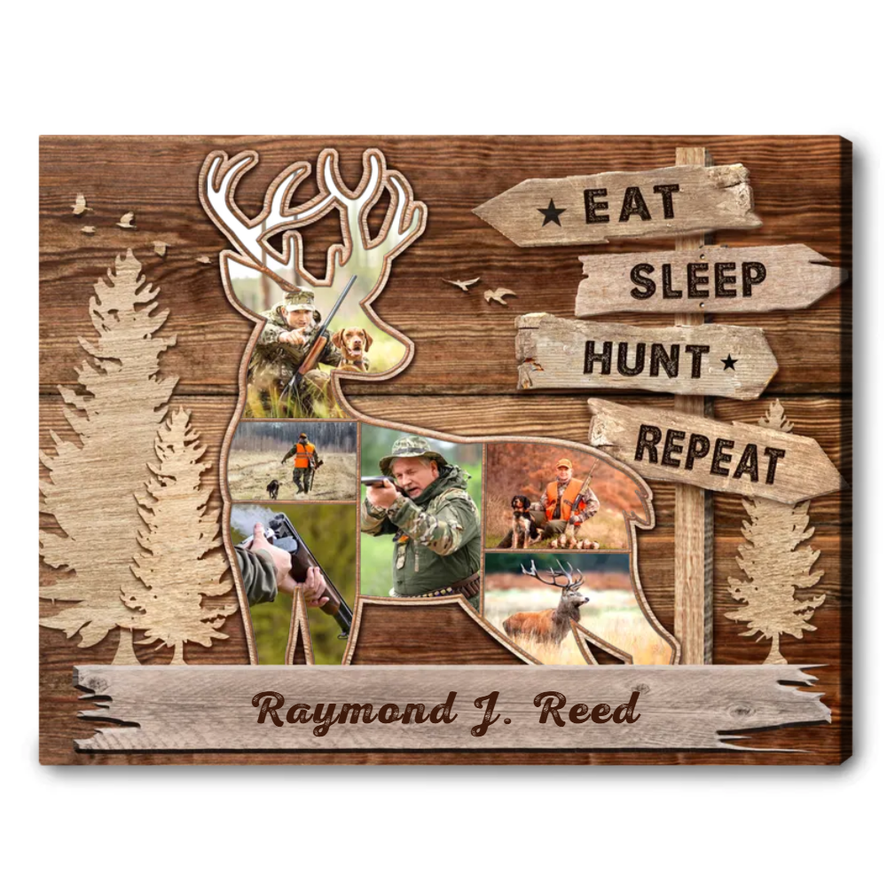 Eat Sleep Hunt Repeat Custom Deer Hunting Collage Canvas, Gift Idea For Hunting Dad Grandpa