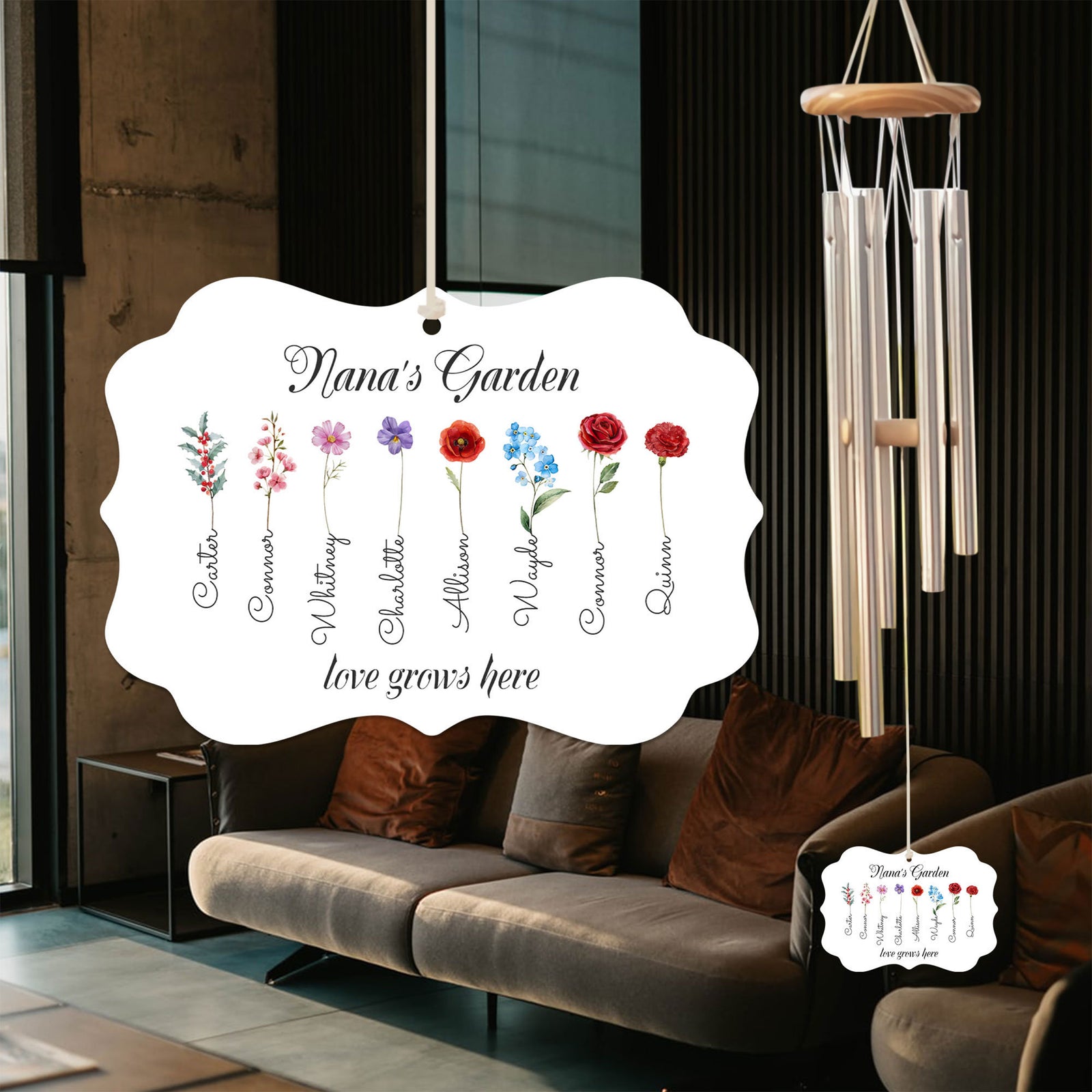 Birth Month Flower Wind Chime, Custom Kid Name, Mother's Day Gift, Grandma's Garden Wind Chime, Gift For Mom, Birth Flower, Family Gift
