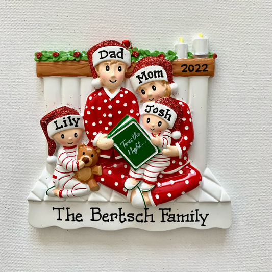 Family Of Four Reading In Pajamas, Family of Four with Matching Pajamas, Personalized Christmas Ornament With Optional Pet