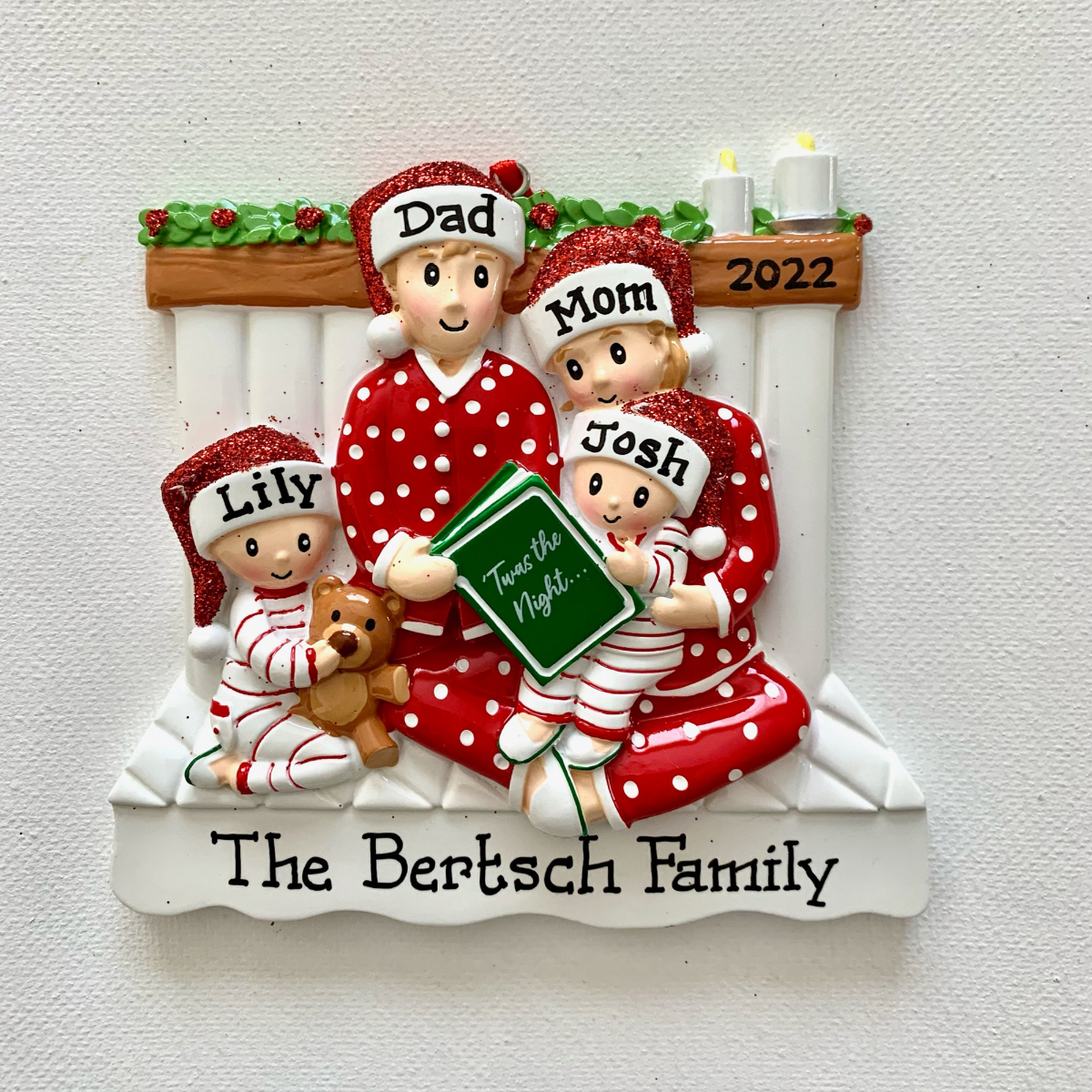 Family Of Four Reading In Pajamas, Family of Four with Matching Pajamas, Personalized Christmas Ornament With Optional Pet