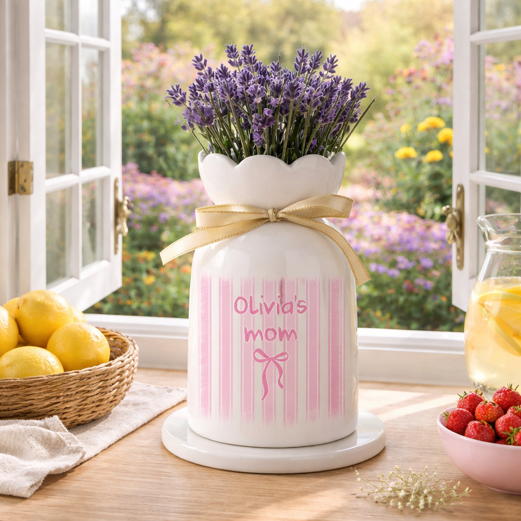 Personalized Floral Ceramic Vase with Custom Name, Elegant Gift for Mom & Home Decor, Mother's Day Gift