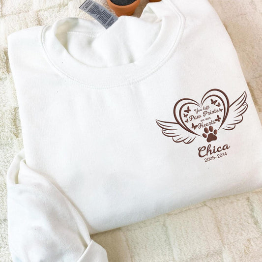 You Left Paw Prints On Our Hearts, Personalized Embroidered Sweatshirt, Custom Name & Date, Memorial Embroidered Sweatshirt
