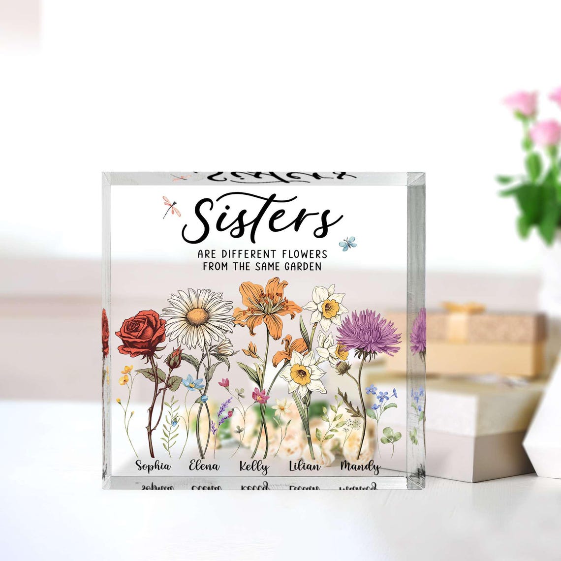 Personalized Sisters Are Different Flowers From The Same Garden, Custom Birth Flower Acrylic Block, Best friend Gifts, Friendship Keepsake