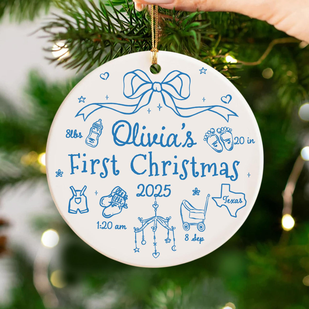 Personalized Baby First Christmas 2025 Ornament, Custom Baby Birth Stats Ornament, Baby Name Bow Ornament, New Baby Gift, Baby Newborn Gift