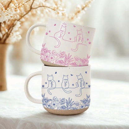 Toile De Jouy Cute Cat Line Art With Name Pottery Mug, Personalised Cat Mug, Cat Memorial Gift, Gift for Pet Mom/Pet Dad, Pet Lover's Gift