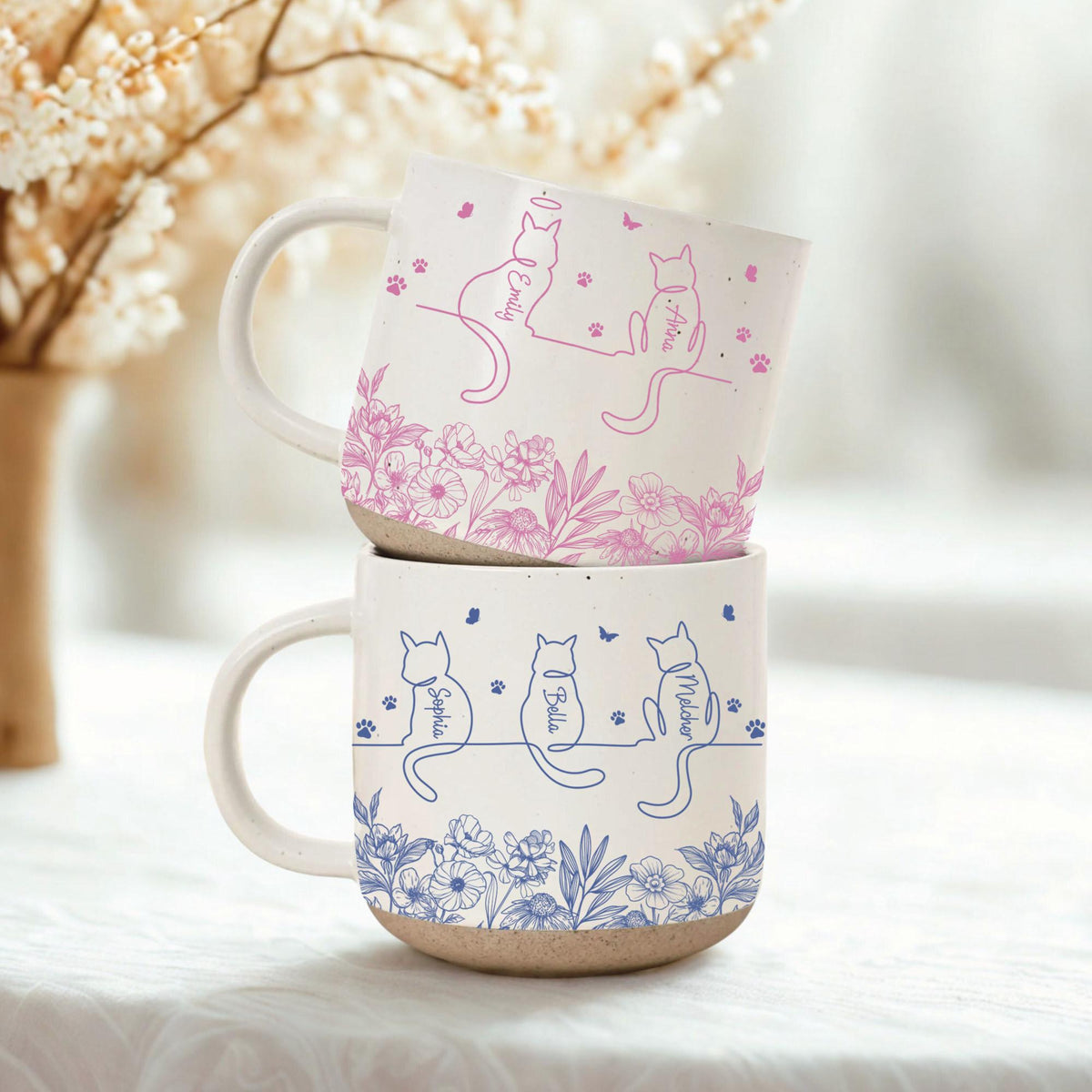 Toile De Jouy Cute Cat Line Art With Name Pottery Mug, Personalised Cat Mug, Cat Memorial Gift, Gift for Pet Mom/Pet Dad, Pet Lover's Gift