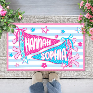 Personalized Pennant Name Dorm Welcome Mat: Preppy Bow Dorm Decor For College Girl, Best Roommate Gift, Stripped Apartment Decor For Bestie