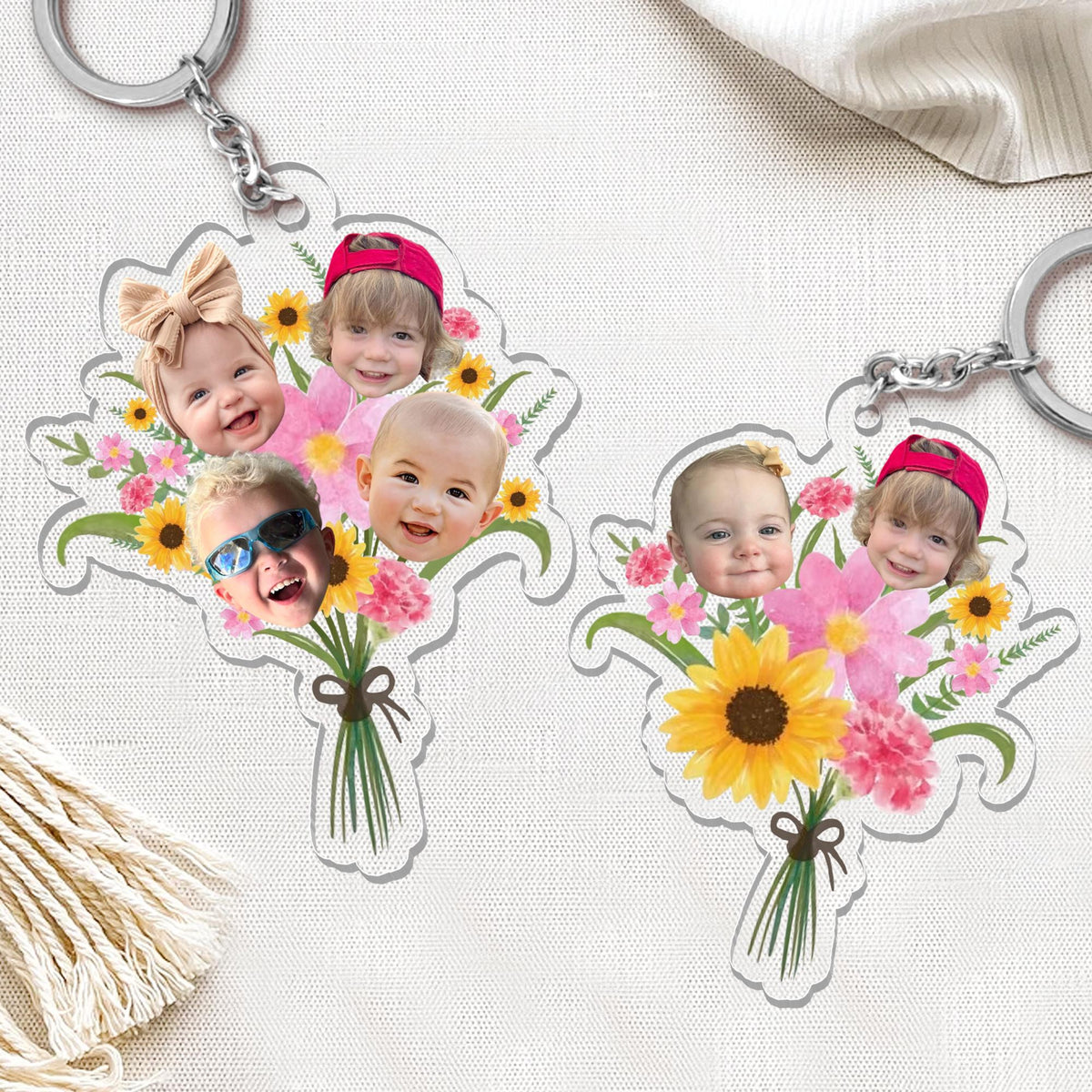 Personalized Gift For Mom Grandma, Custom Kids Face Flower Bouquet Keychain, Grandma Keychain Gift, Baby Face Keychain