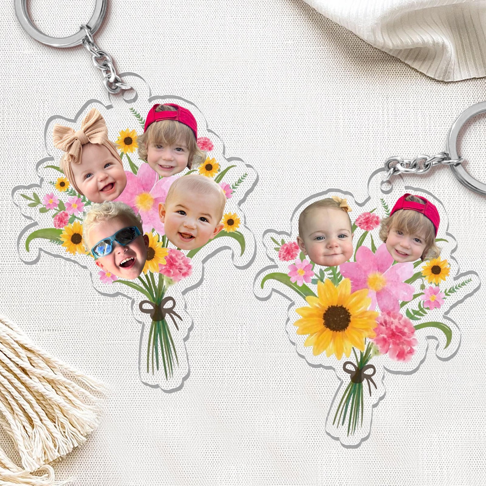 Personalized Gift For Mom Grandma, Custom Kids Face Flower Bouquet Keychain, Grandma Keychain Gift, Baby Face Keychain
