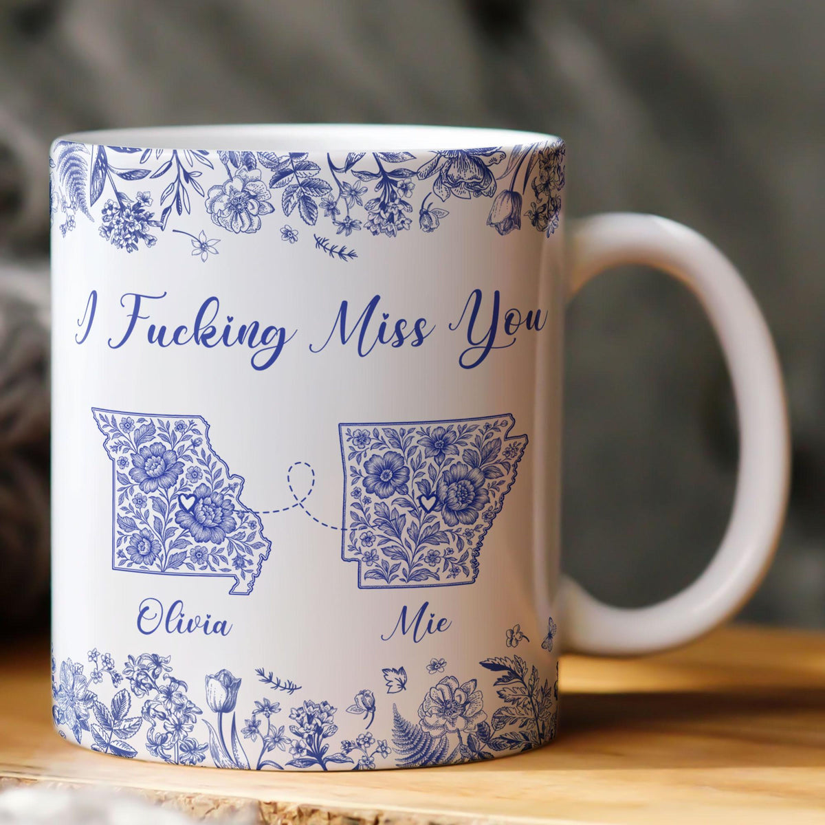 Long Distance Relationship I Miss You Toile De Jouy Custom States, Personalized Mug, Custom Multi States, Friend Gift for Best Friends