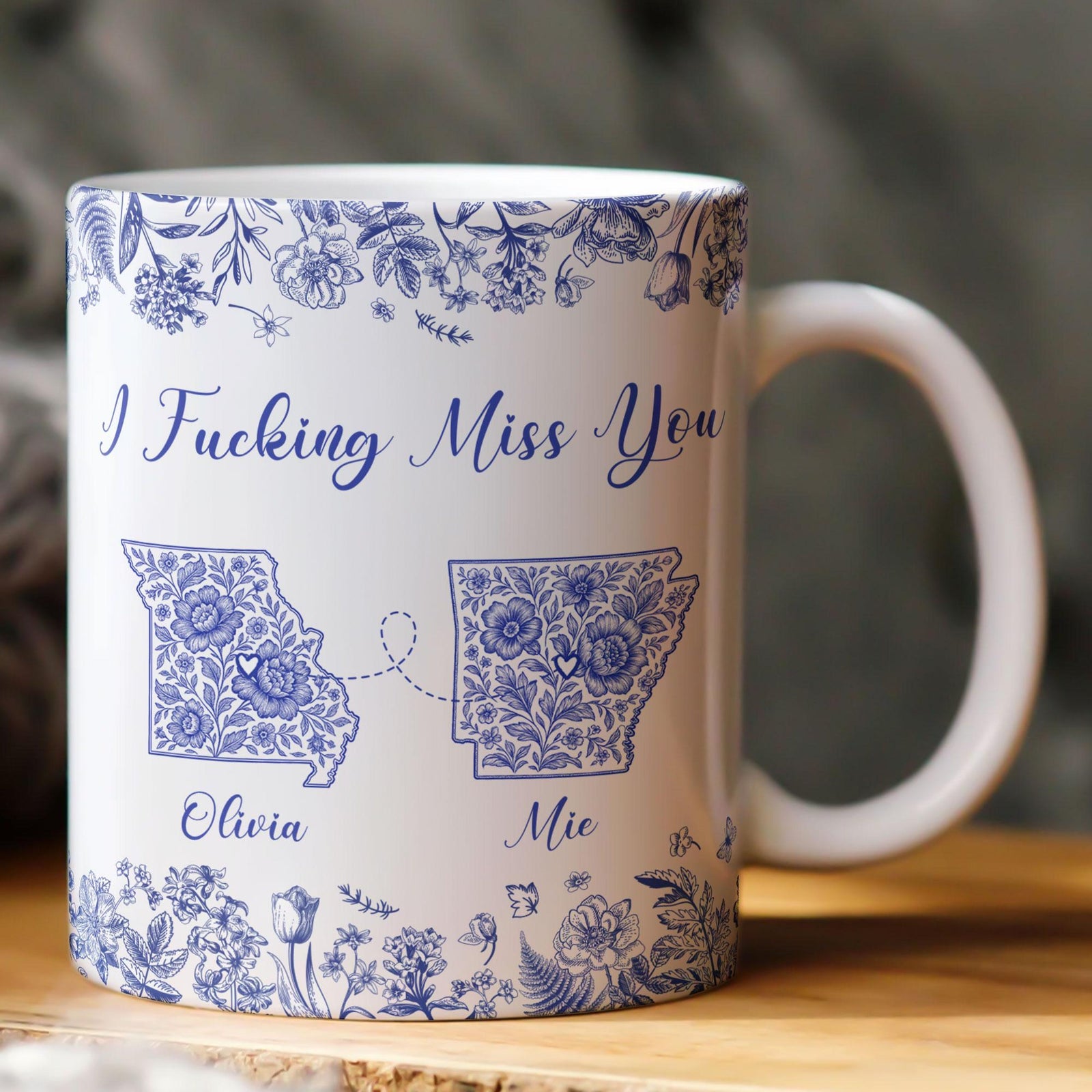 Long Distance Relationship I Miss You Toile De Jouy Custom States, Personalized Mug, Custom Multi States, Friend Gift for Best Friends