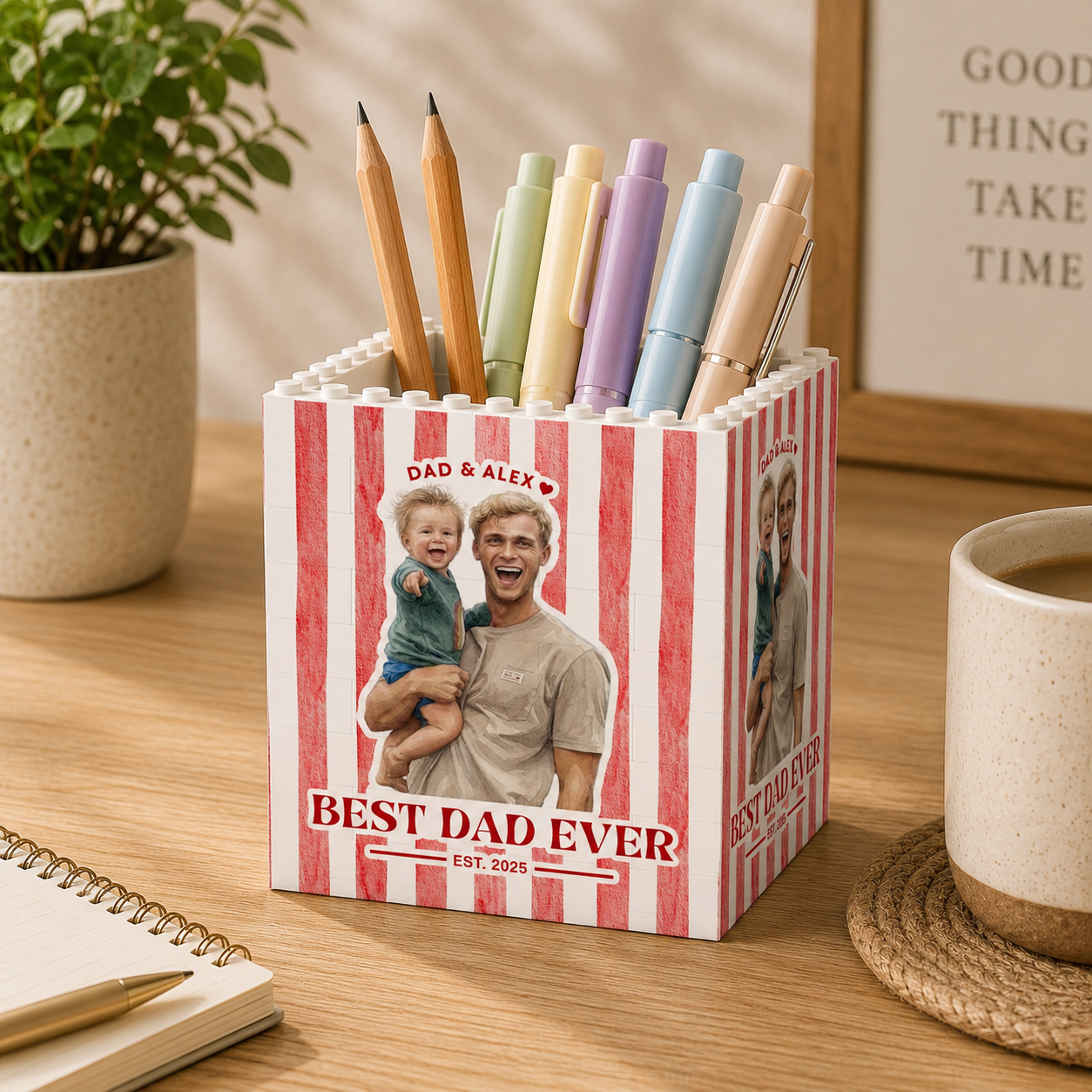 Personalized Best Dad Ever Photo Building Pen Holder, Custom Dad And Kids Photo Building Block, Father s Day Gift, New Dad Gift