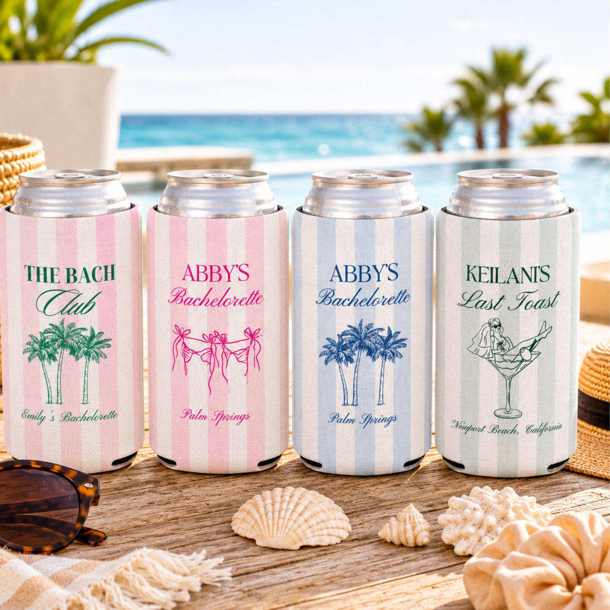 Personalized Beach Bachelorette Can Cooler, Custom Girls Trip Drink Holder, Coastal Weekend Party Favor, Slim Can Holder, Destination Bach