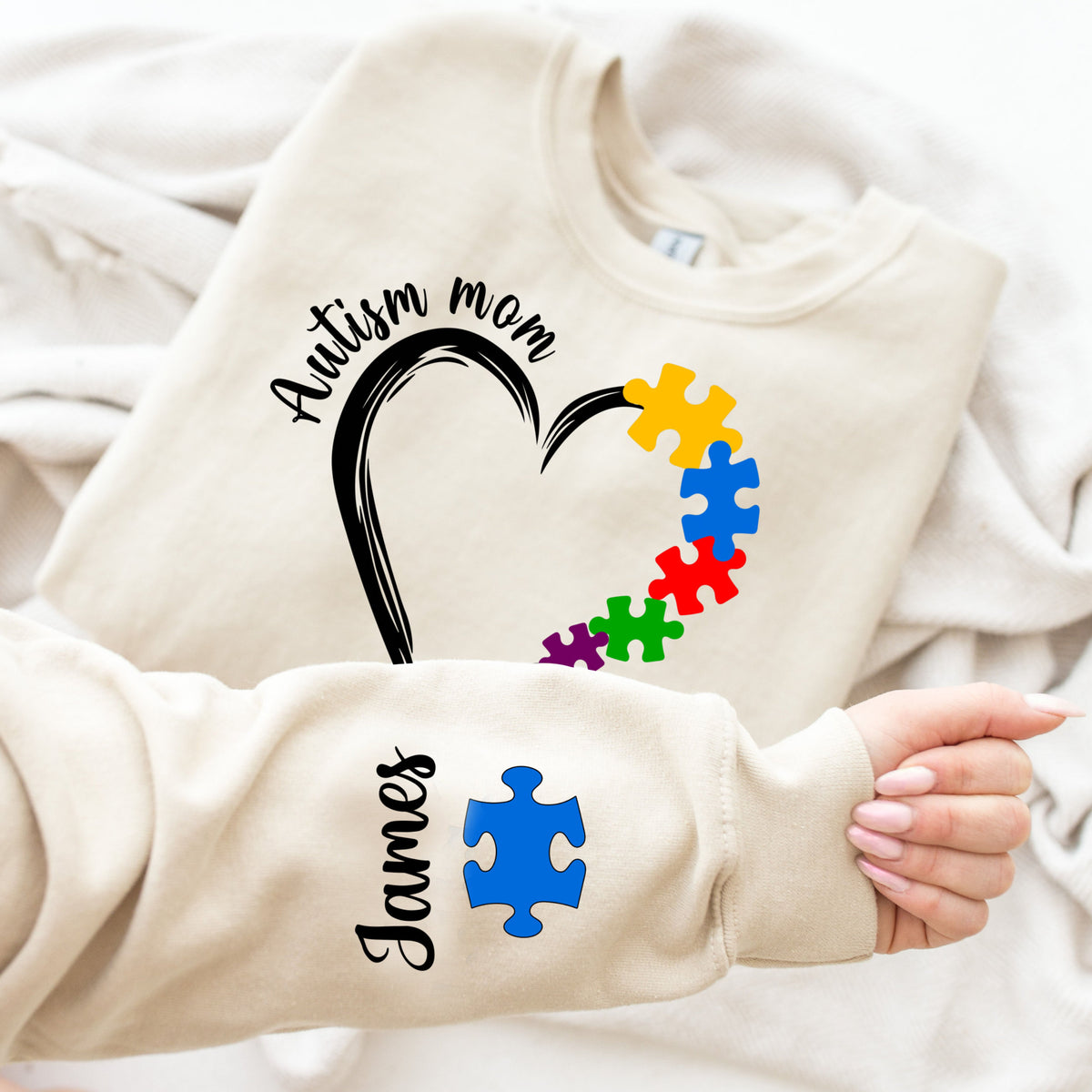 Custom Autism Mom With Kids Name on Sleeve - Personalized Apparel - Gift For Mom, Mother's Day Gift