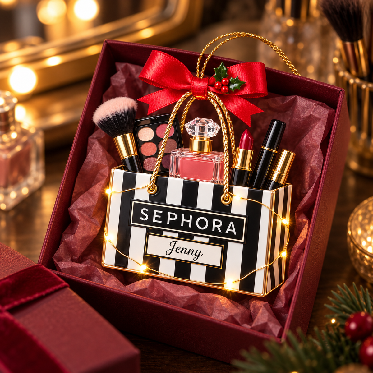 Personalized Makeup Christmas Ornament – Custom Name Beauty Shopping Bag with Makeup Brush and Lipstick, Gift for Makeup Lovers and Beauty Enthusiasts 1a063174-d2cb-4194-bfcf-2e9c151c65b3-Festive-Beauty-Ornament-in-Burgundy-Gift-Box-2.png