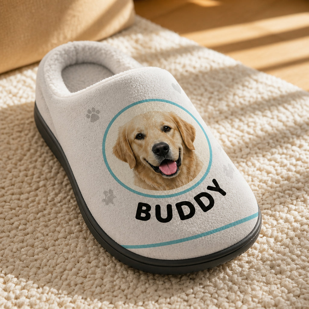 Custom Pet Face Cozy Slippers – Single Photo Badge with Name Pattern - Personalized Fleece Slipper 1a4f32fe-f1bd-46b1-a325-bff8e0f1fa64.jpg