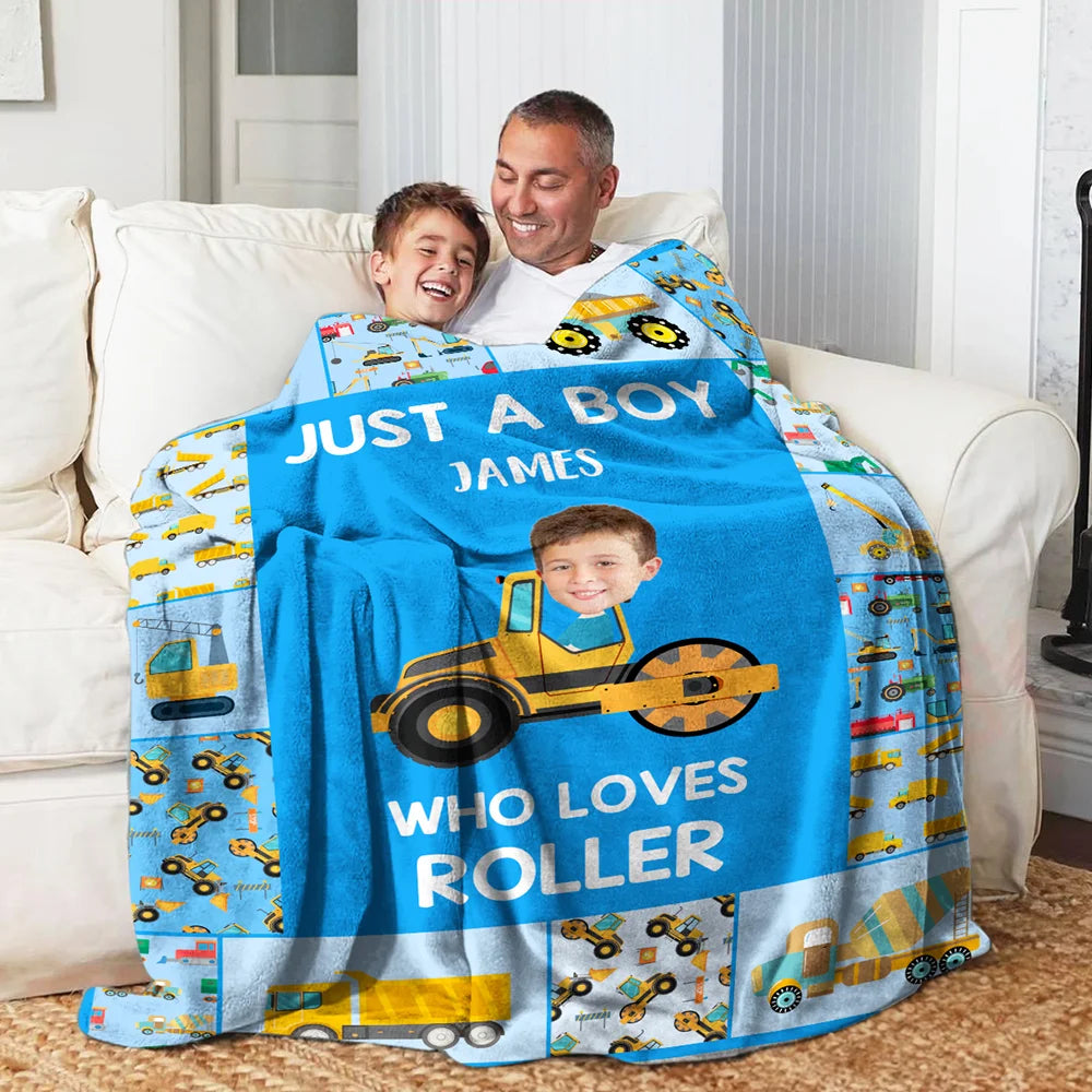 Personalised Face Photo Construction Vehicles Lorries Multicolor Soft Throw Blanket with Name Home Decor Birthday Gift for Boys Girls