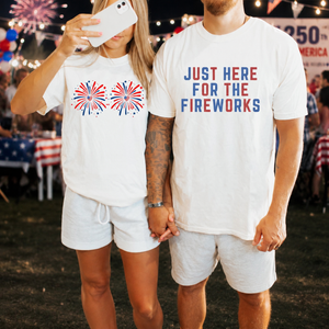 Comfort Colors Funny Matching 4th of July Couples Shirt Just Here for the Fireworks USA Flag Adult Humor Gift for Sarcastic Patriotic Couple