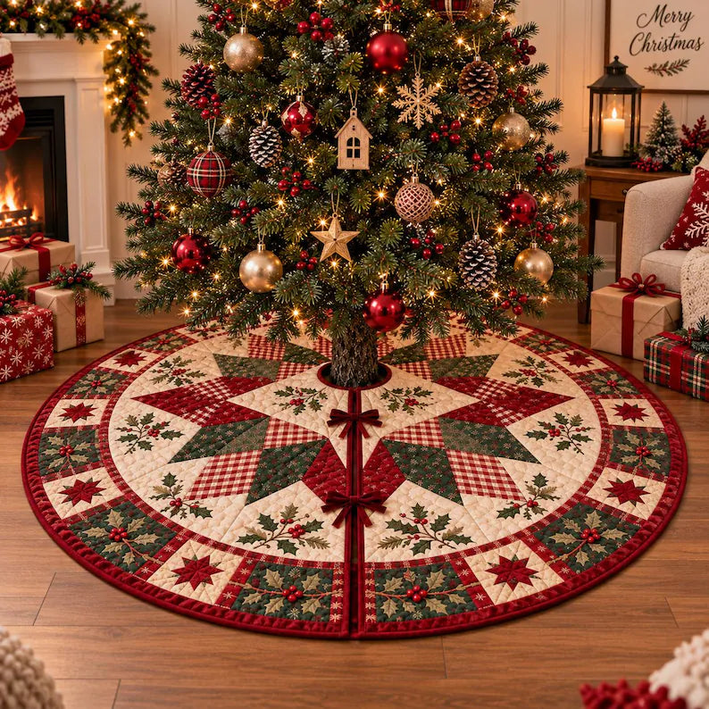 Christmas Tree Skirt, Quilted Patchwork Tree Skirt, Farmhouse Christmas Tree Decor, Red Green Holiday Tree Skirt, Rustic Xmas Decoration 1ab9c429-9f94-498f-8907-ddbbb63b8bcc-fgtfg-4-.webp