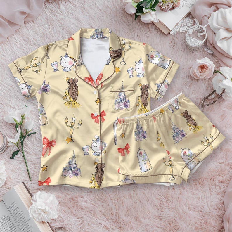 Belle Princess Coquette Pajama Set for Women, Short Sleeve Satin Sleepwear, Beauty and the Beast Inspired Pajamas, Princess Gift for Her 1abf7e67-91f0-47cc-b9c7-7f0f097800c4-ikk.jpg