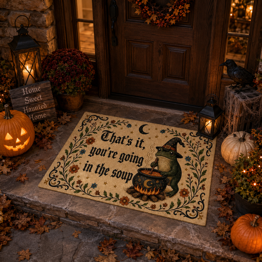 Printed Halloween Fabric Doormat with Witch Frog, Cauldron and Soup Meme Quote 1af7d23b-d8d3-4f50-b429-9937593f51f0-776e3bc1-3701-4981-ad88-36b137054ad1.png