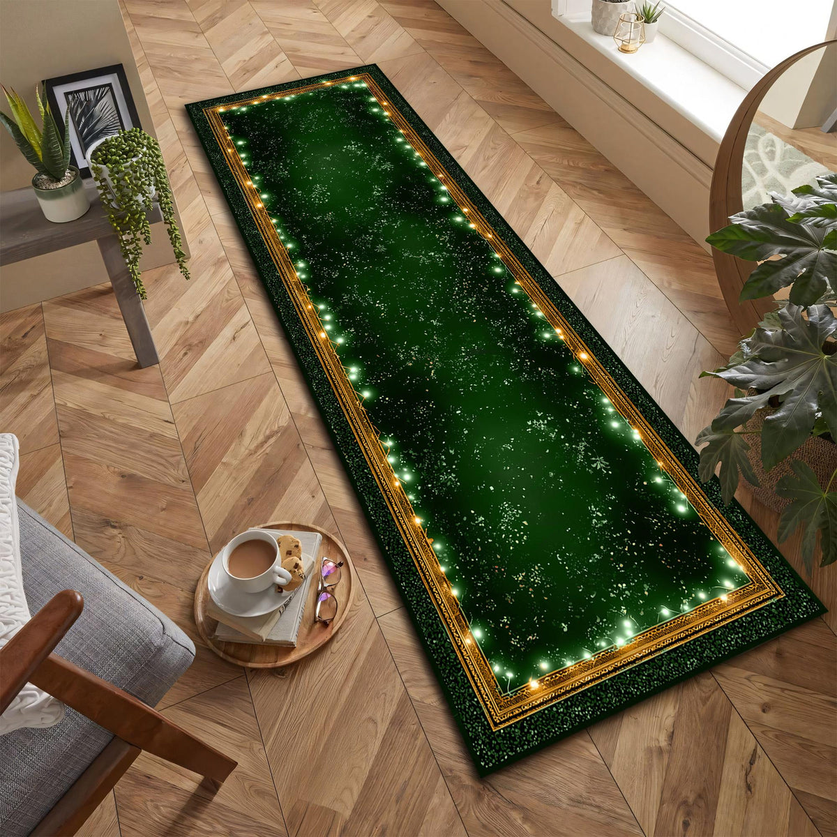 Green Christmas Runner Rug with Gold Trim, Festive Hallway Carpet, Holiday Entryway Runner, Decorative Winter Home Floor Mat 1b1c24b9-03d9-414d-ac84-399a9af5dffc-1.jpg