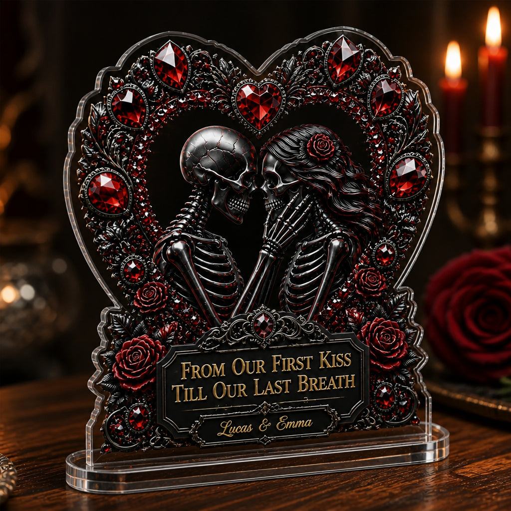 Gothic Skeleton Lovers Heart Acrylic Plaque – From Our First Kiss – Personalized Names - Personalized Heart Shaped Acrylic Plaque 1b41d5b8-7221-495d-a07b-f2c3e6e020ff.jpg