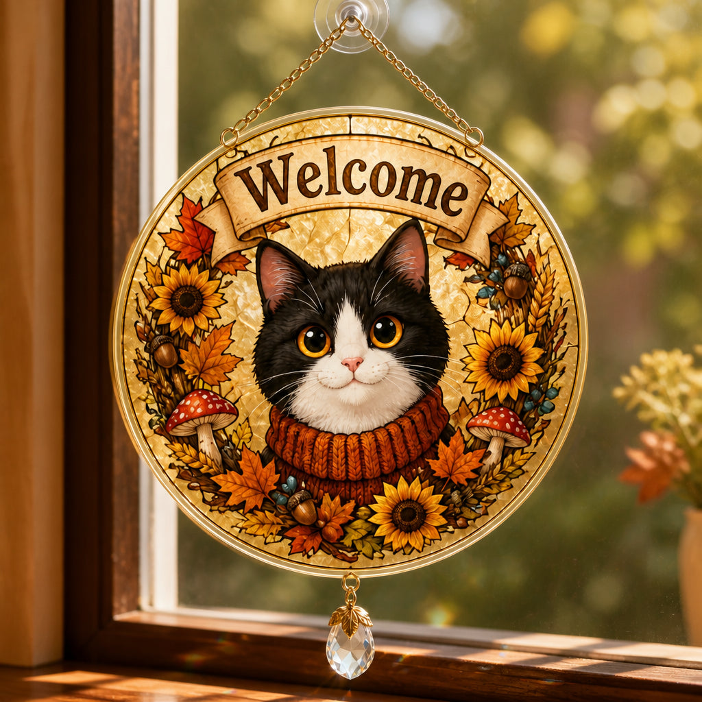 Autumn Tuxedo Cat Welcome Garden Flag - 1 Layered Suncatcher with Charm 1b6285da-0e0a-4f64-87ed-fd6a1eb4bf9d.jpg