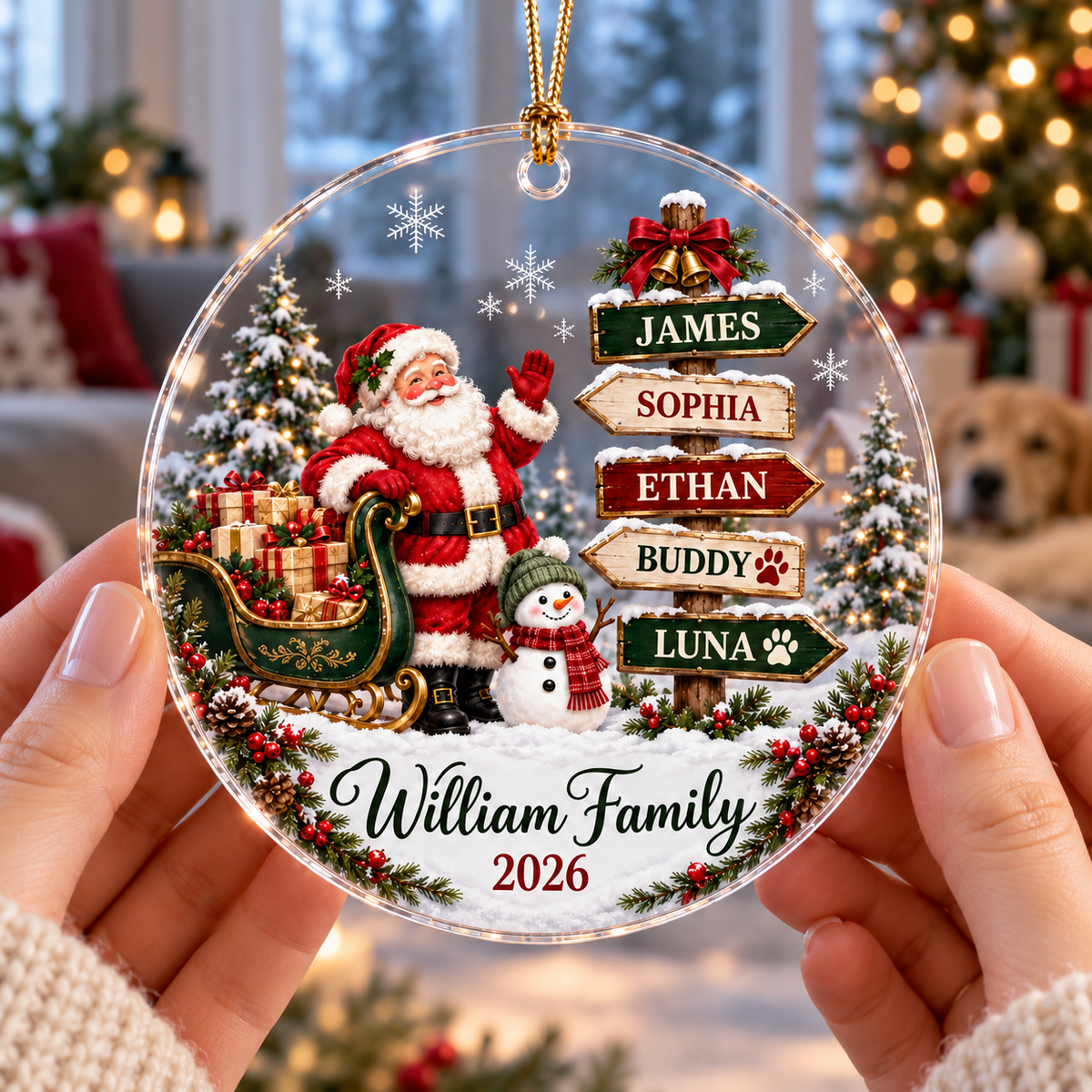 Personalized Family Christmas Ornament 2026 – Santa and Snowman Name Signpost, Custom Family and Pet Names, Holiday Keepsake Gift 1b69aaad-2877-4b65-957f-ed7a6818ed91-Personalized-Family-Ornament-in-Winter-Windowlight-4.png
