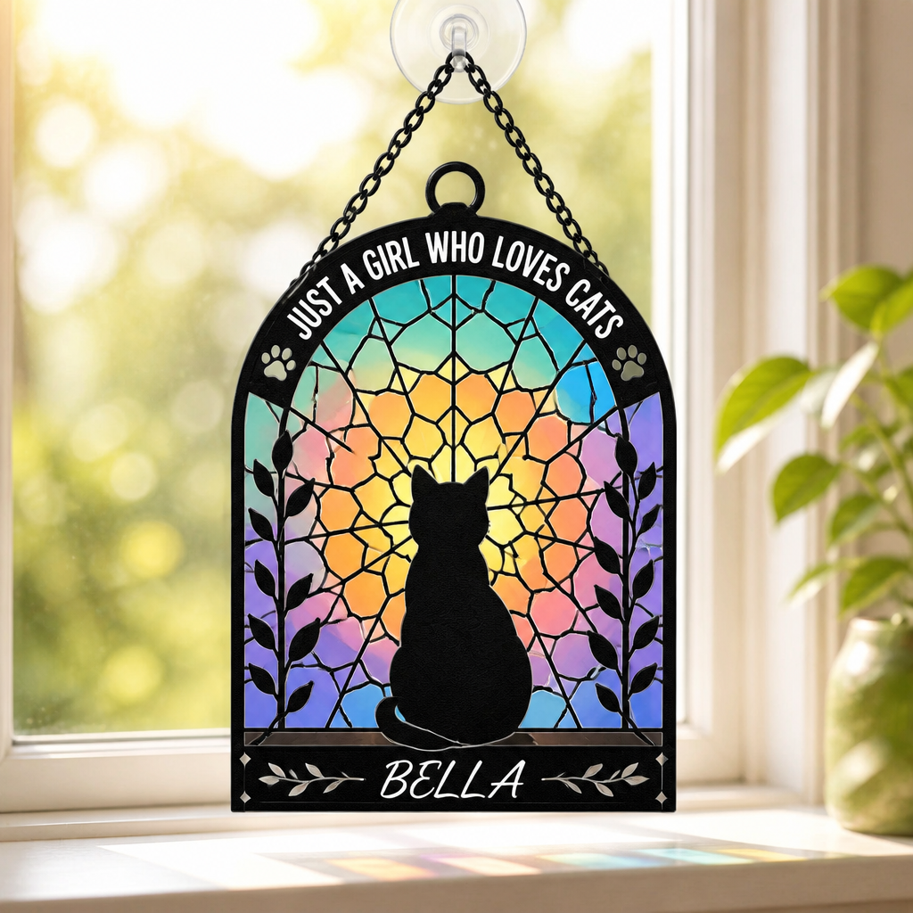 Just A Girl Who Loves Cats — Stained-Glass Cat Suncatcher (Name) - Personalized Suncatcher Ornament 1bf27af5-f20e-40cf-9195-b6eeb7bec29d.png