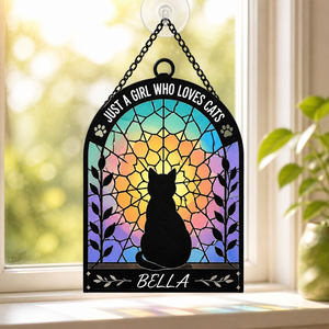 Just A Girl Who Loves Cats — Stained-Glass Cat Suncatcher (Name) - Personalized Suncatcher Ornament 1bf27af5-f20e-40cf-9195-b6eeb7bec29d.png