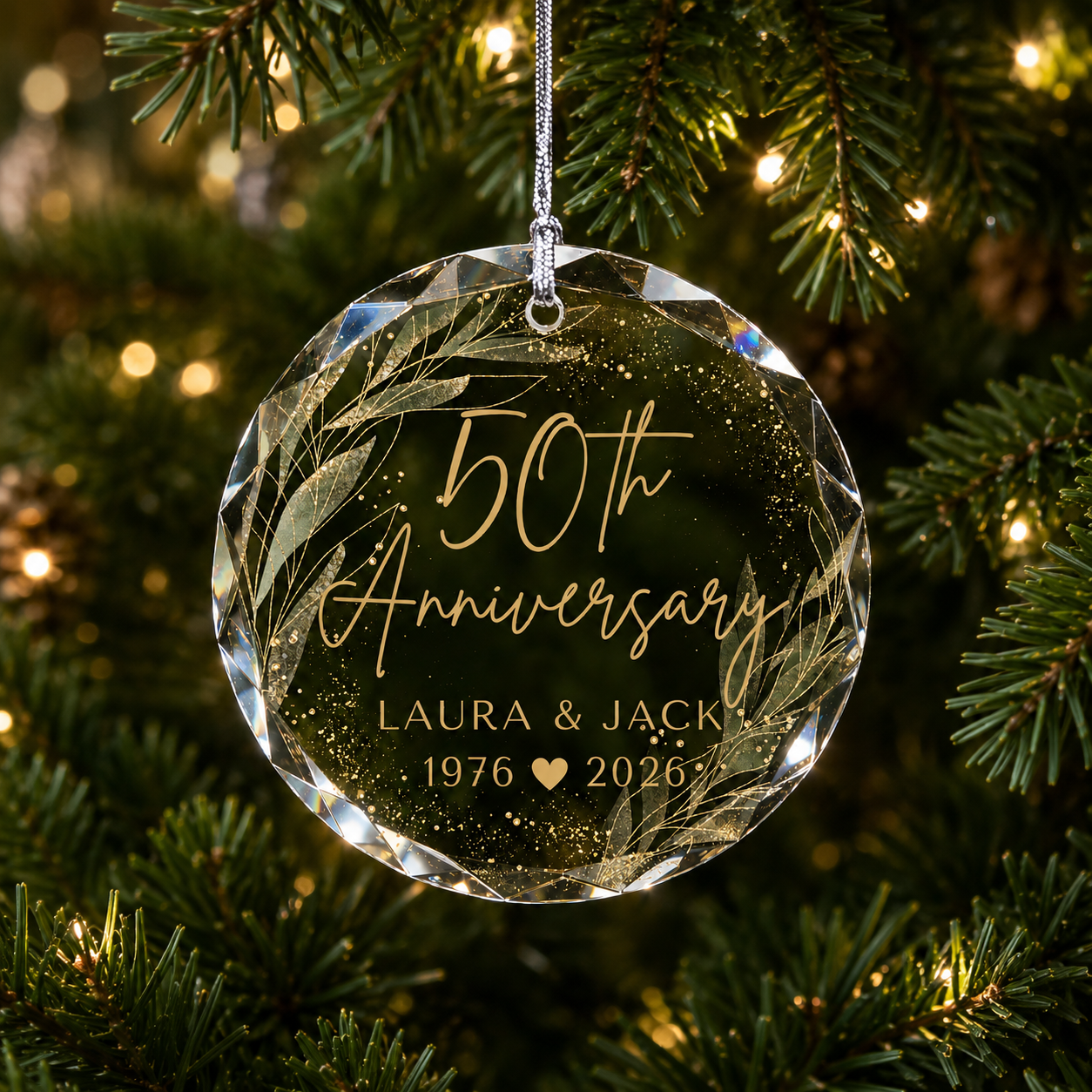 50th Anniversary Glass Ornament, Golden Anniversary Keepsake Personalized Couple Names & Date 50 Years Married