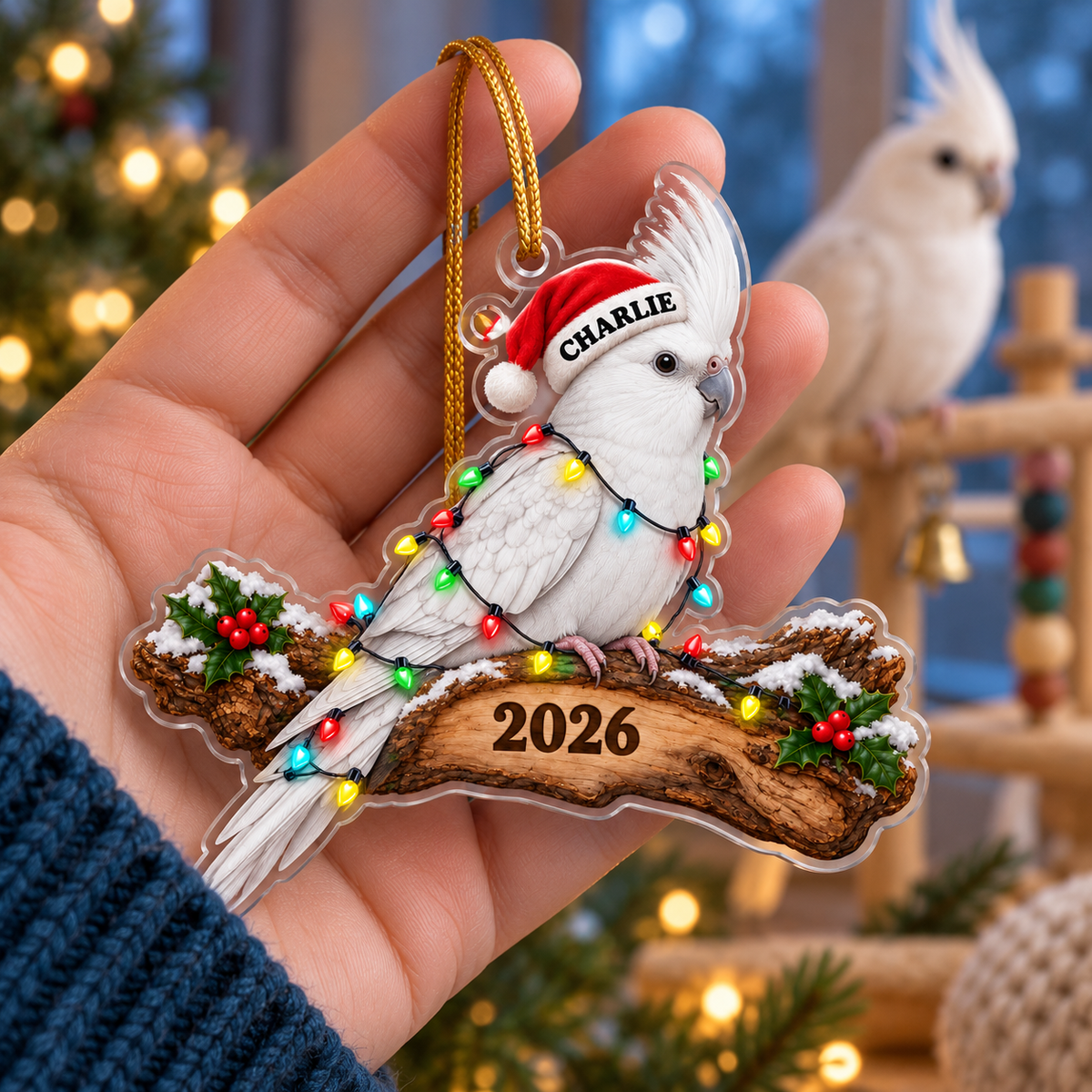 Personalized Cockatiel Christmas Ornament – Custom Name & Year, Santa Hat Pet Bird Keepsake, Christmas Gift for Bird Lovers 1c3639aa-f018-45d5-a921-61e50ca19d74-White-Cockatiel-Christmas-Ornament-in-Hand-3.png