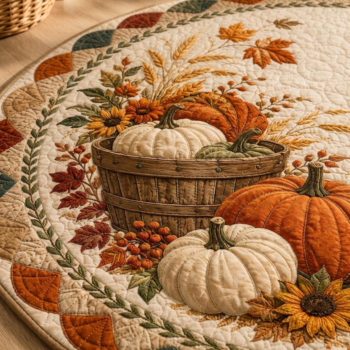Fall Pumpkin Round Quilted Rug, Autumn Harvest Area Rug, Farmhouse Pumpkin Decor, Thanksgiving Rug, Cozy Fall Home Decor 1c76e320-7a7d-4949-a647-ba3869a6bd4f-3.jpg